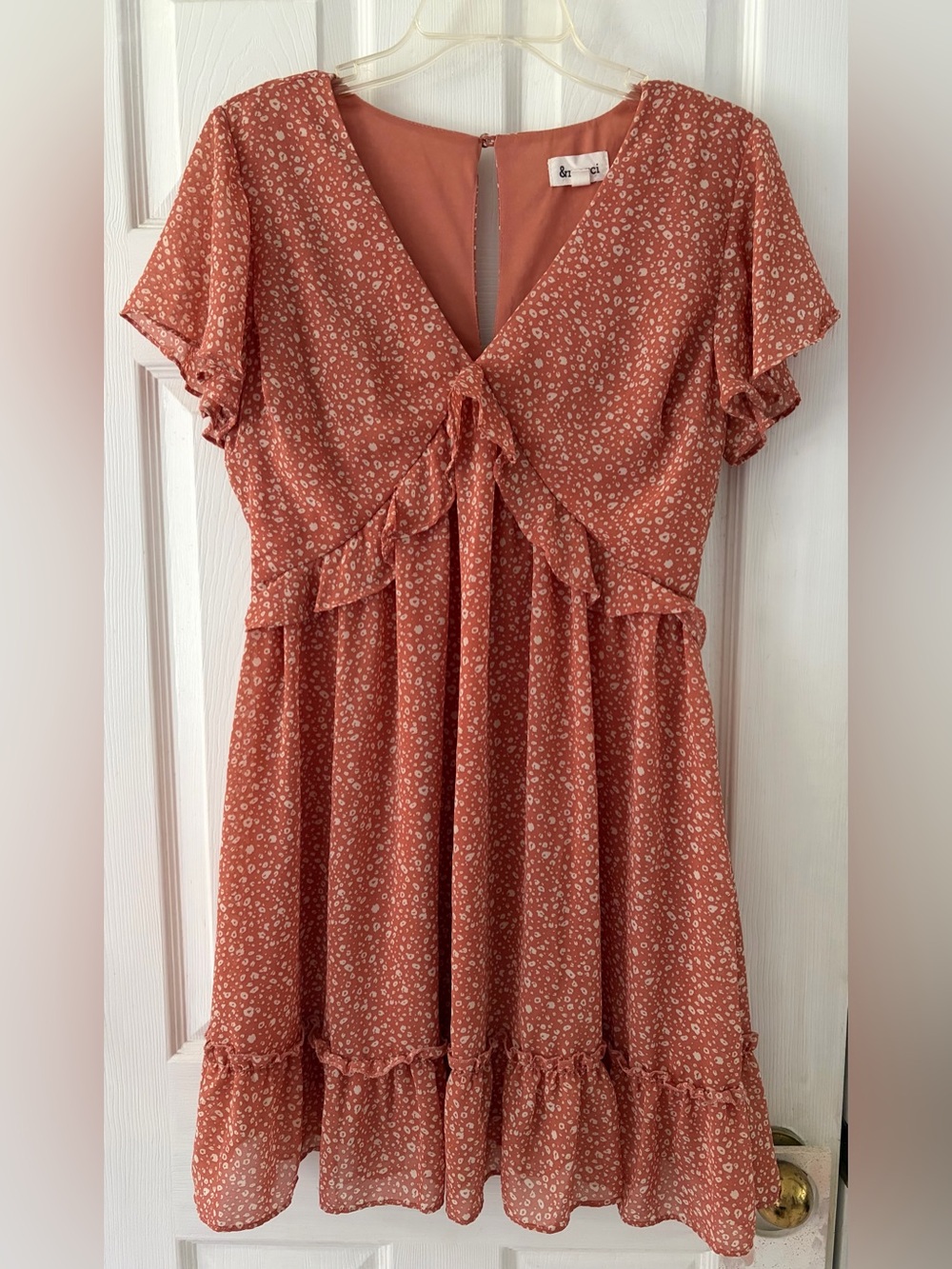Rust Floral Ruffle V-Neck Women's Dress